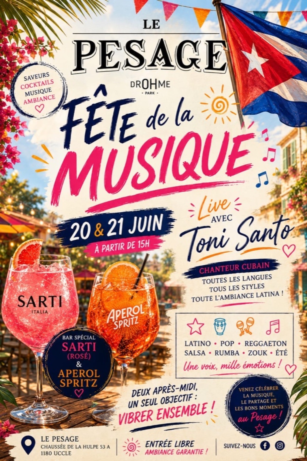 Affiche Le Pesage — Fête de la Musique, live avec Toni Santo, ambiance latina, 20 et 21 juin dès 15h, entrée libre